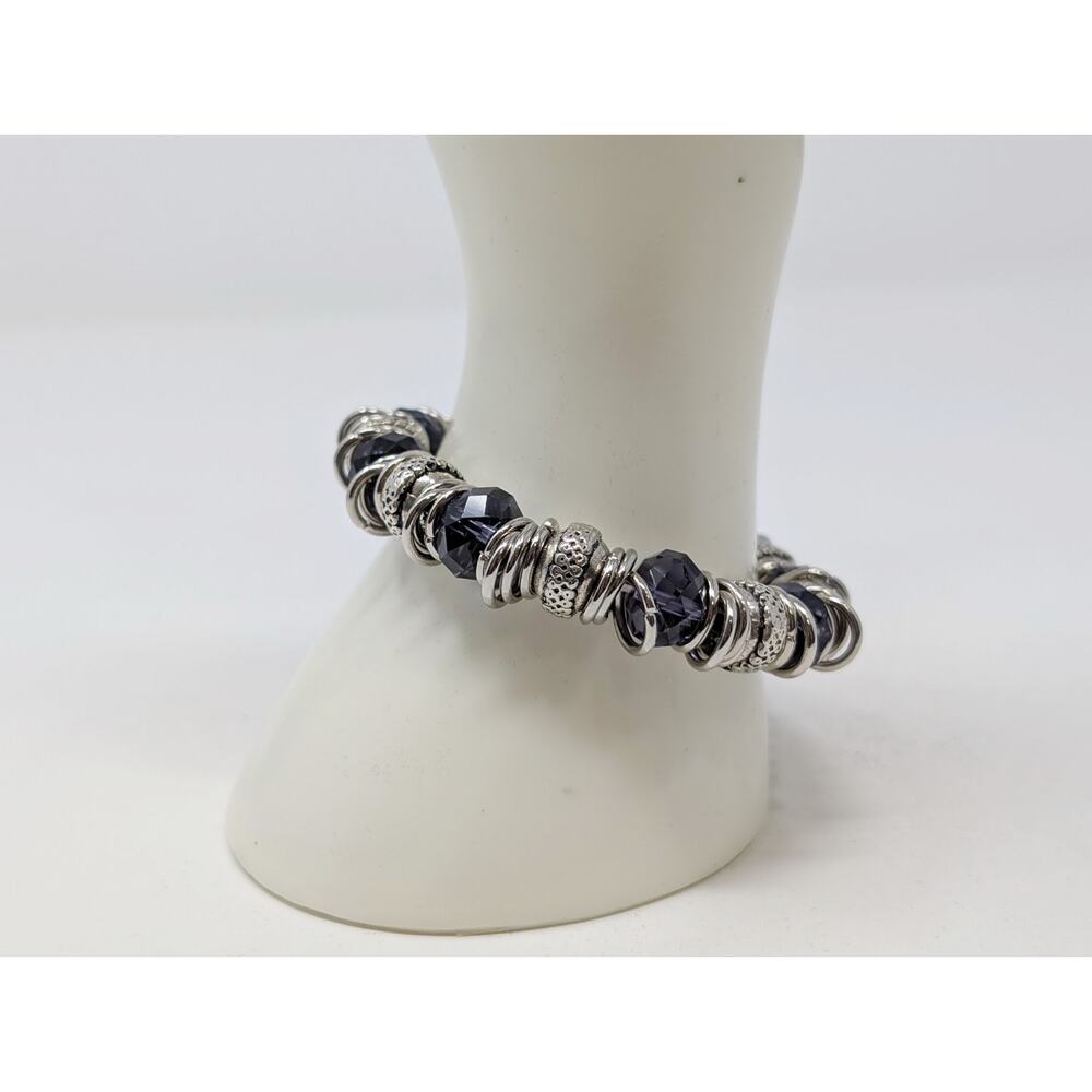 Silver Tone Faceted Purple Chunky Stretch Bead Bracelet